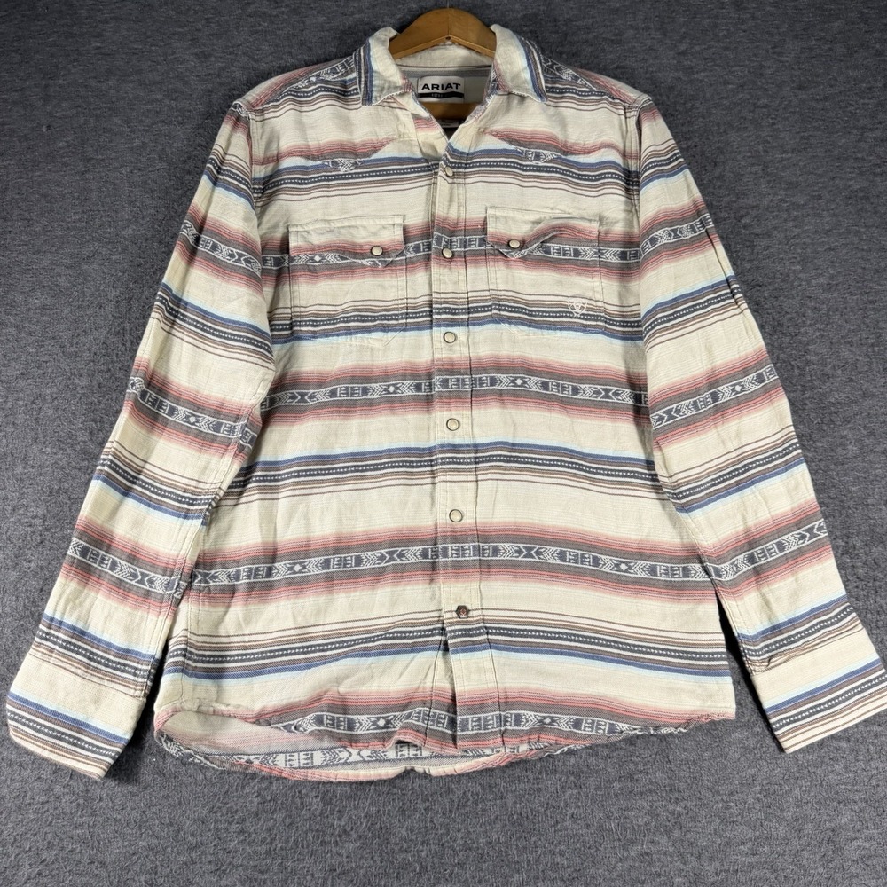 Men's Ariat Huxley Retro Fit Bone Button Shirt White Aztec Snap Longsleeve S